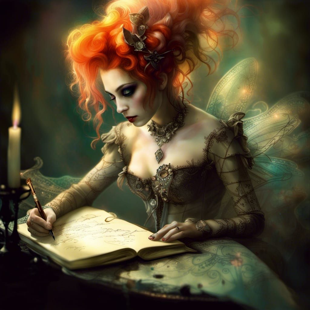 Woman writing, Emilie Autumn, metallic, shadowy, by Anne Bachelier :: floating wispy glittering, ethereal, Filigree, bro...