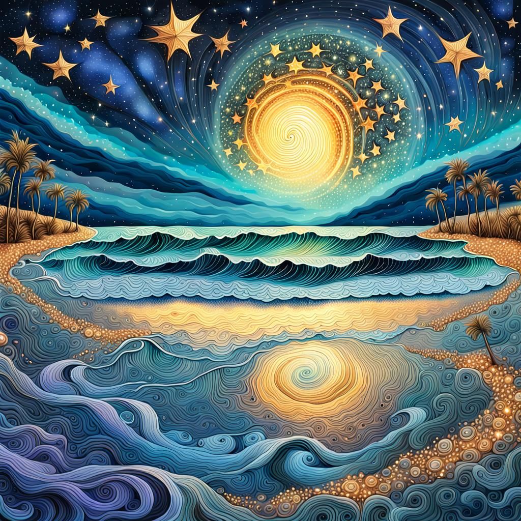 Ethereal Night Beach Scene with Celestial Refections