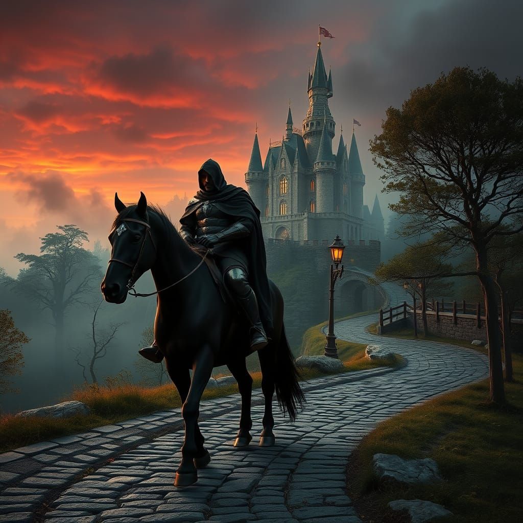 Medieval Horseman Rides towards Enchanted Castle