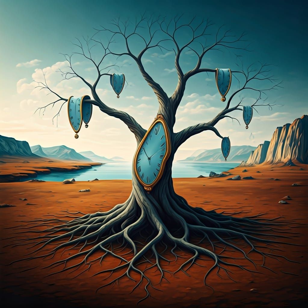 Surreal Melting Clock Tree in Dream Landscape