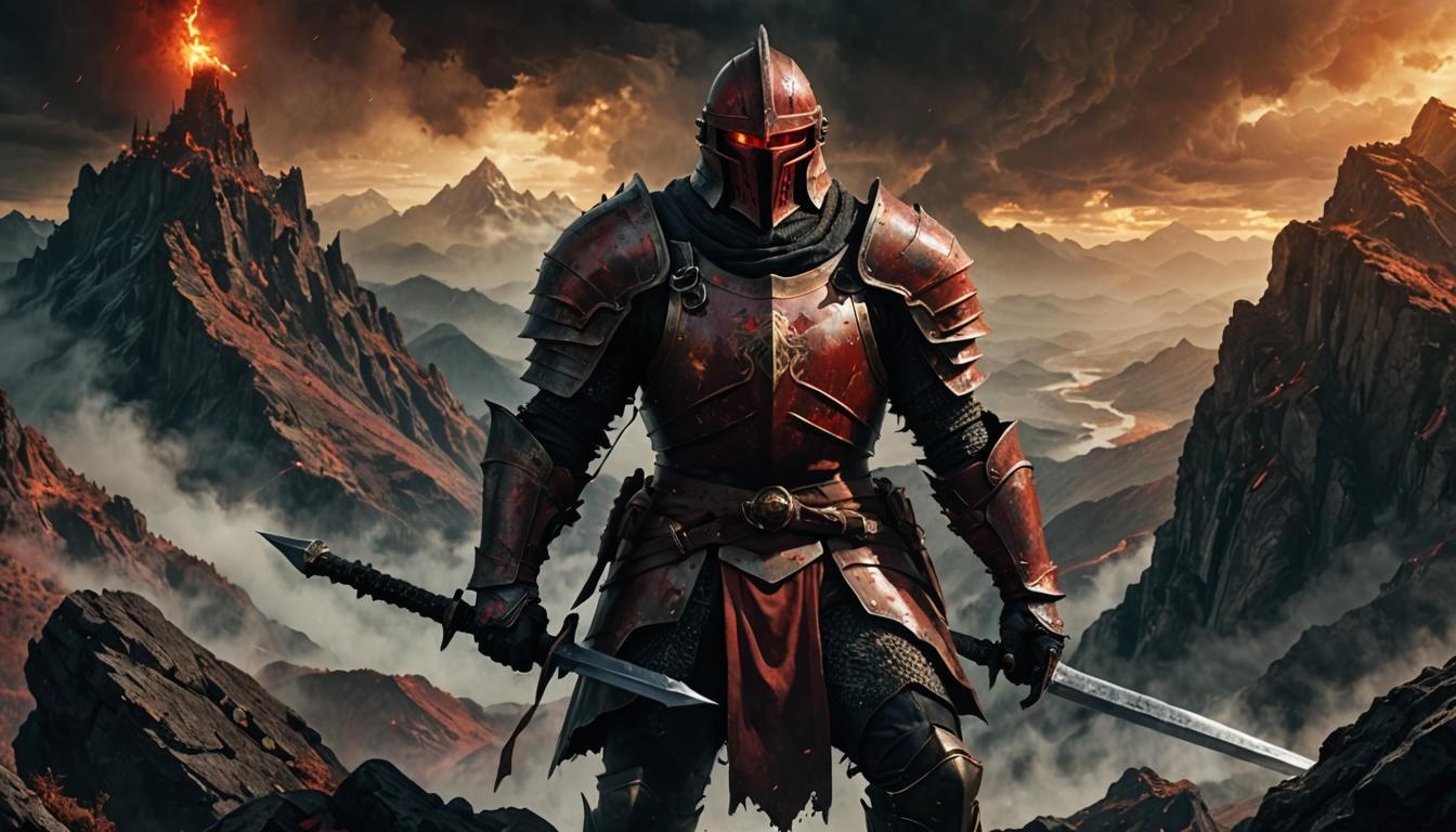 Epic Dark Fantasy Red Knight on Misty Mountain Peak