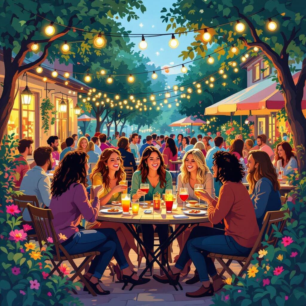 Joyful Community Gathering Under Fairy Lights in Graphic Sty...