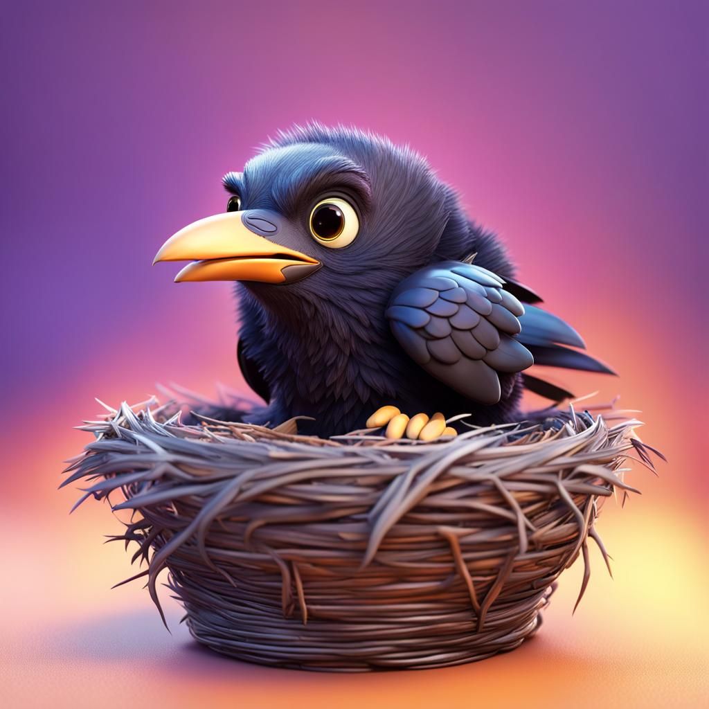 A Fuzzy Baby Crow Surrounded by Vibrant Colors
