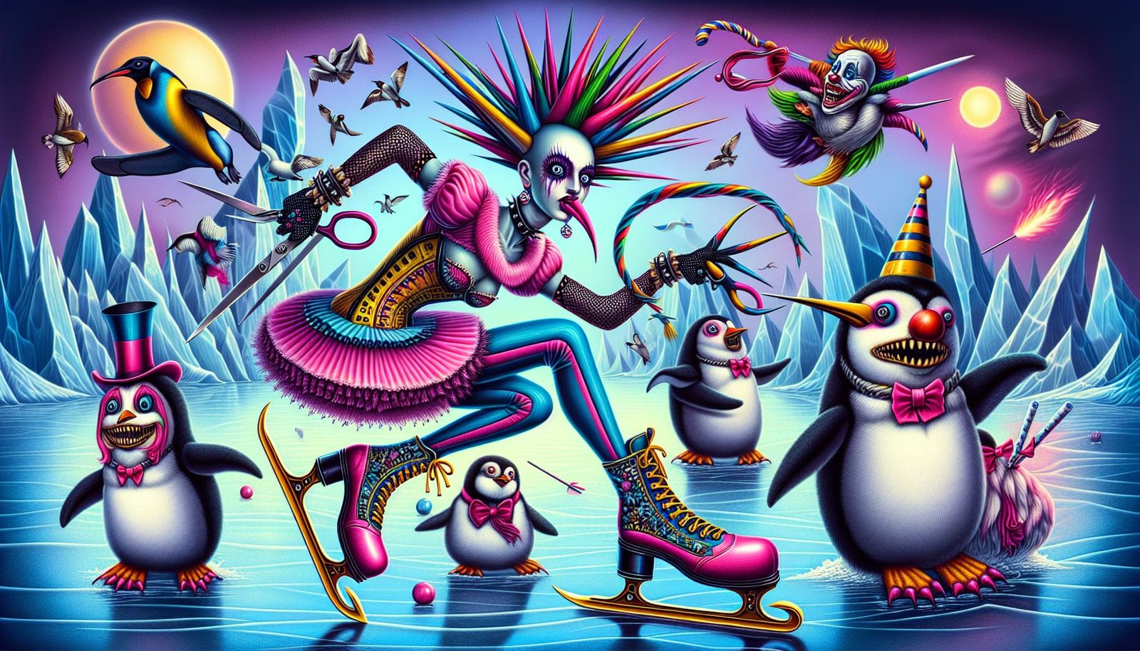 Eccentric Punk Rock Girl Ice Skates Amidst Clowns and Pengui...