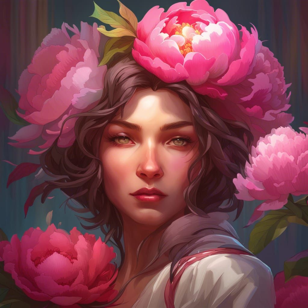 Surreal Peony Portrait in Vibrant Triadic Colors