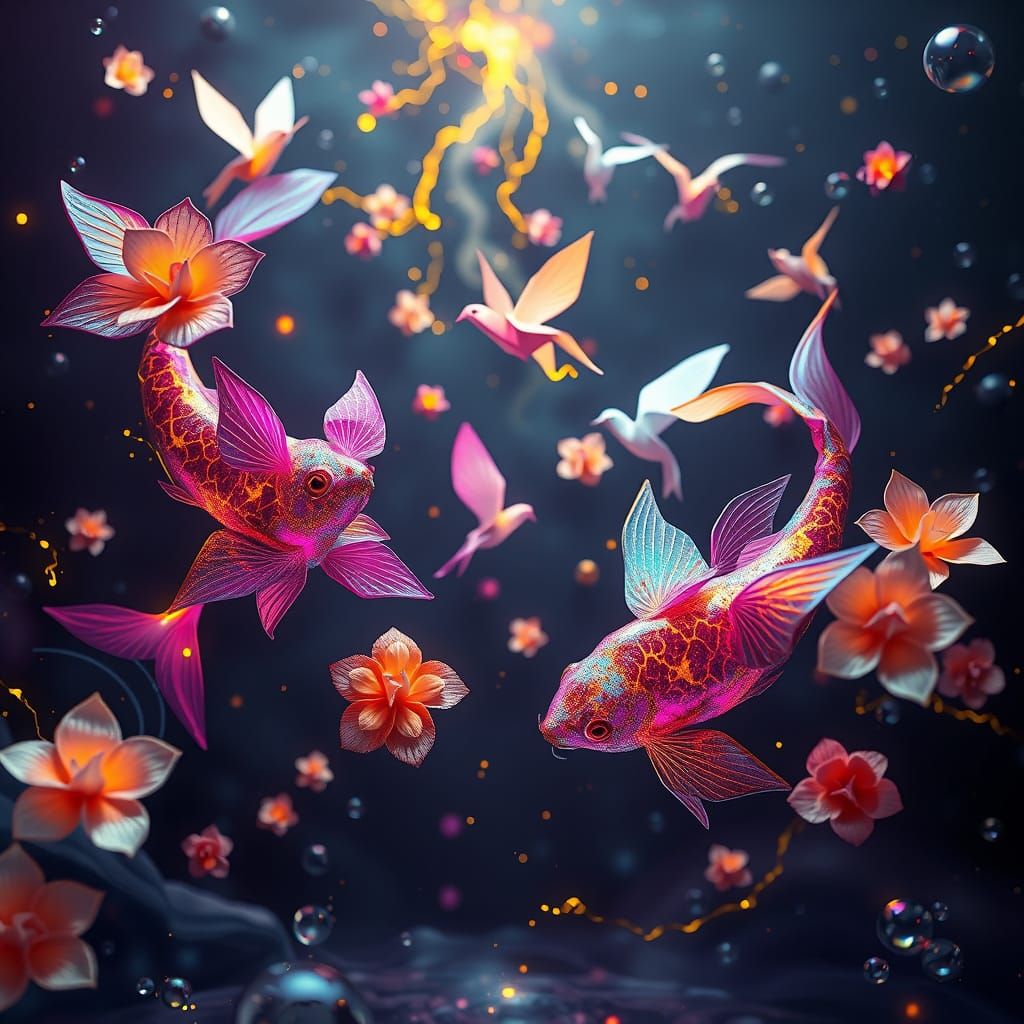 Origami Creatures of Neon Pigment and Molten Gold