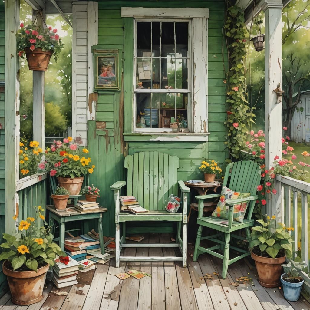 Whimsical Vintage Cottage Porch in Watercolor Style