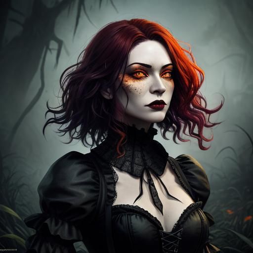 Gothic Vampire Maiden Reveals Orange Eyes in Bayou Twilight