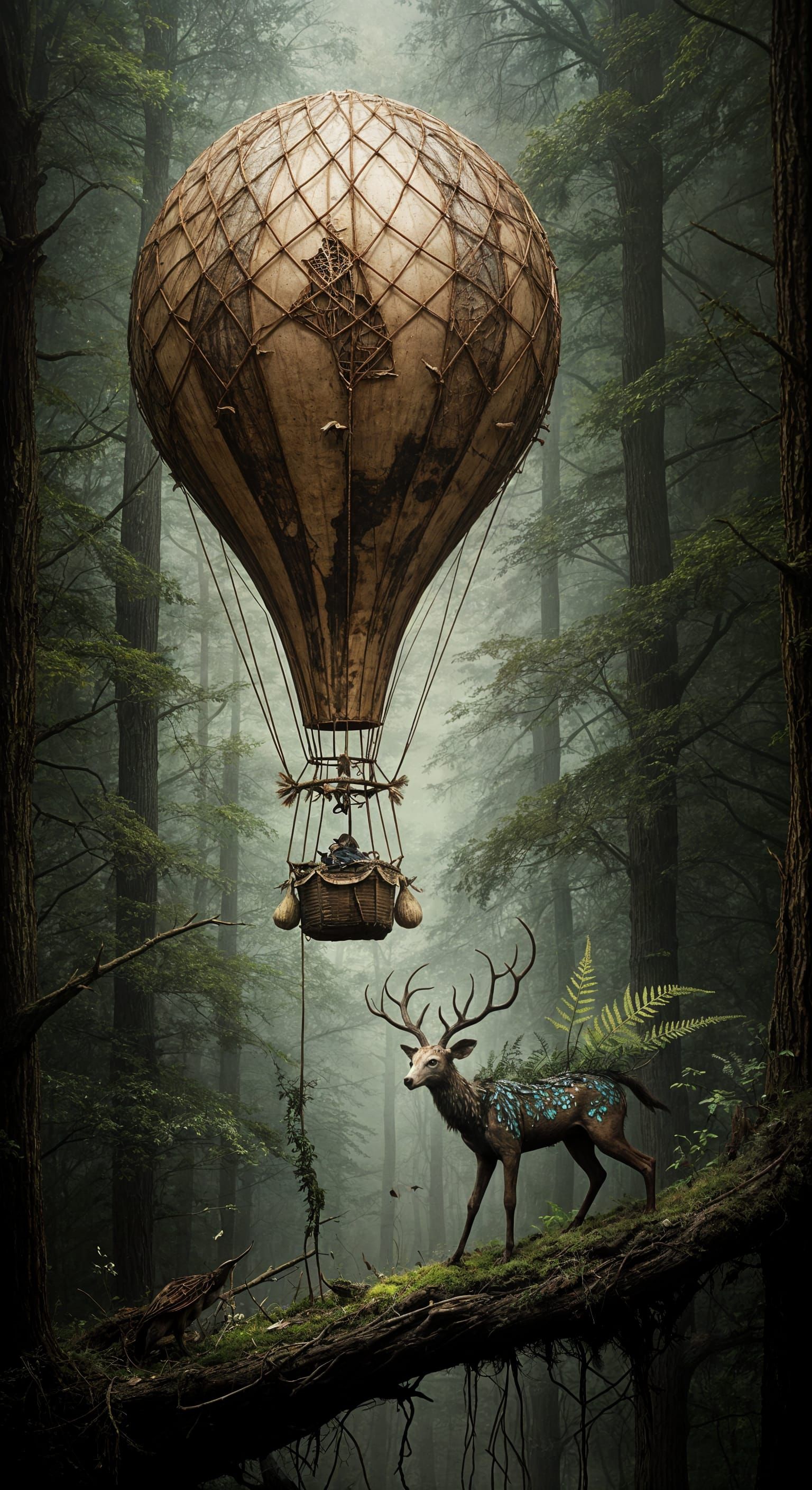 Surreal Hot Air Balloon Over Warped Forest