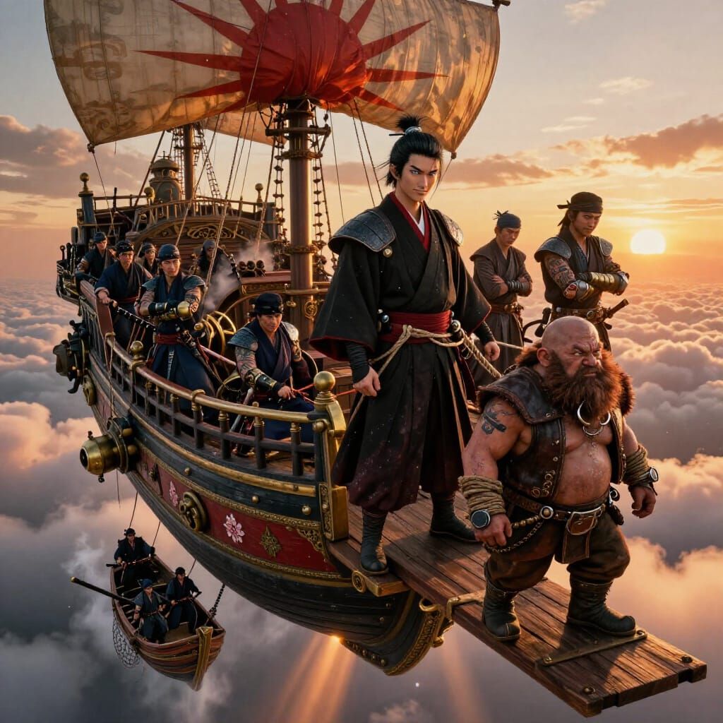 Steampunk Airship Blaze Above Golden Clouds at Sunset