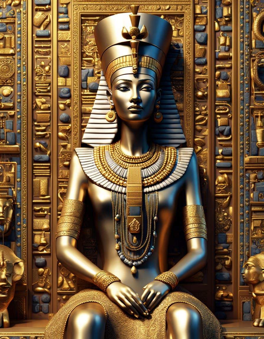Queen Nefertiti on Throne: Hyper-Realistic 3D Art