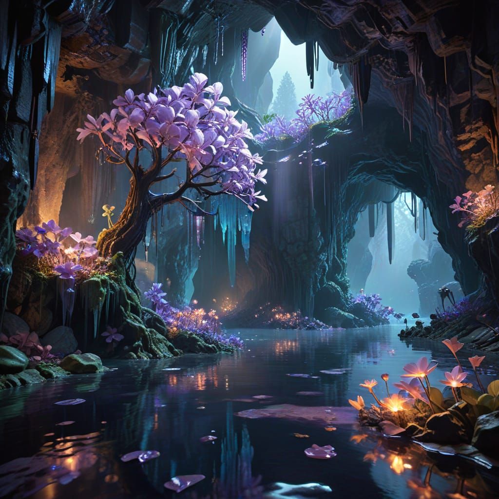 Subterranean Cavern with Crystal Lake and Luminescent Flora