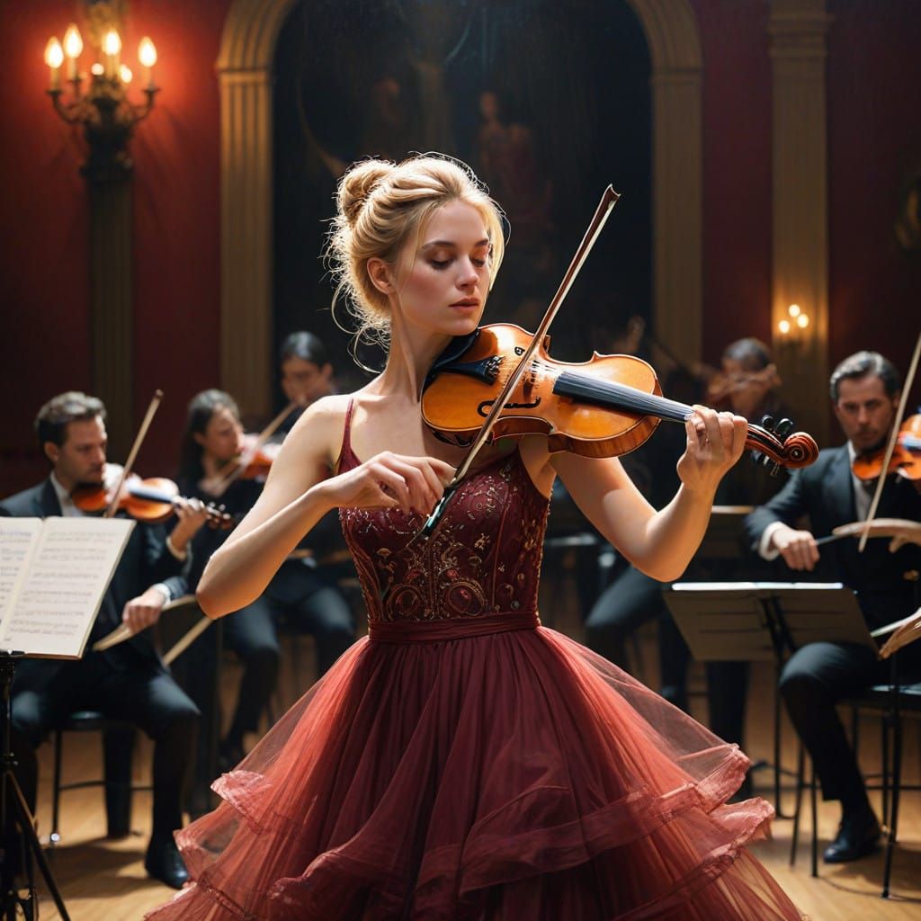 Virtuosic Female Violinist in Elegant Burgundy Dress