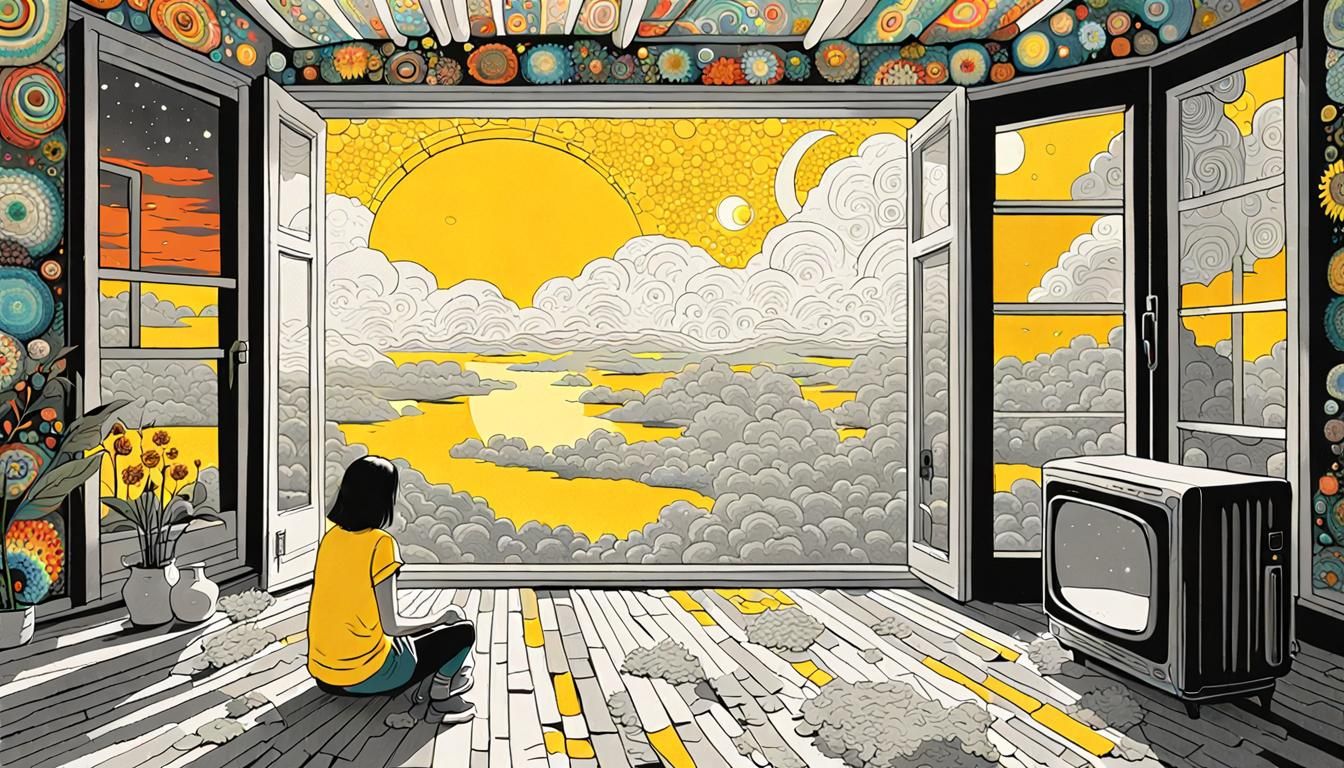 Woman Contemplates Nature through a Vibrant Window in a Ruin...