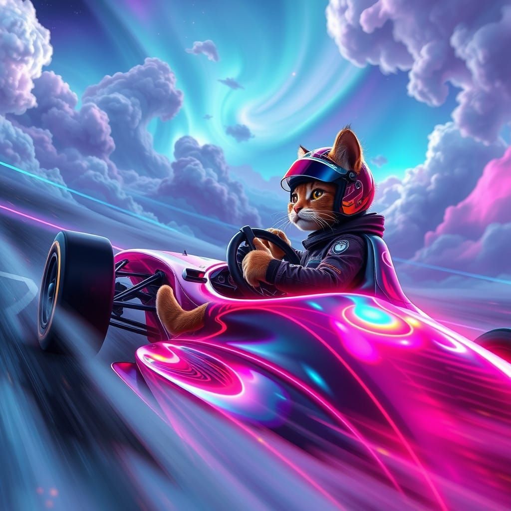 Feline Formula 1 Driver Speeds Through Dreamlike Landscape