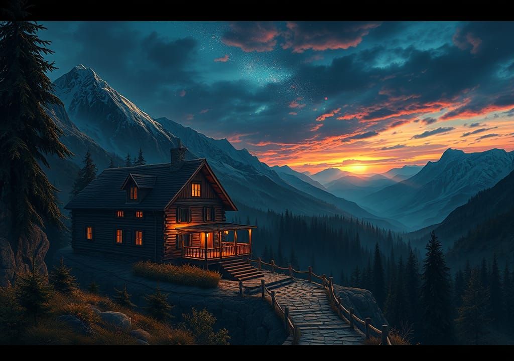 Mountain Inn Illuminated at Night in Hyperrealistic Splash A...