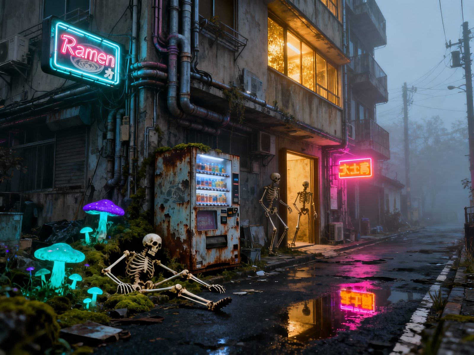 Cyberpunk Alley with Neon Signs and Skeletons