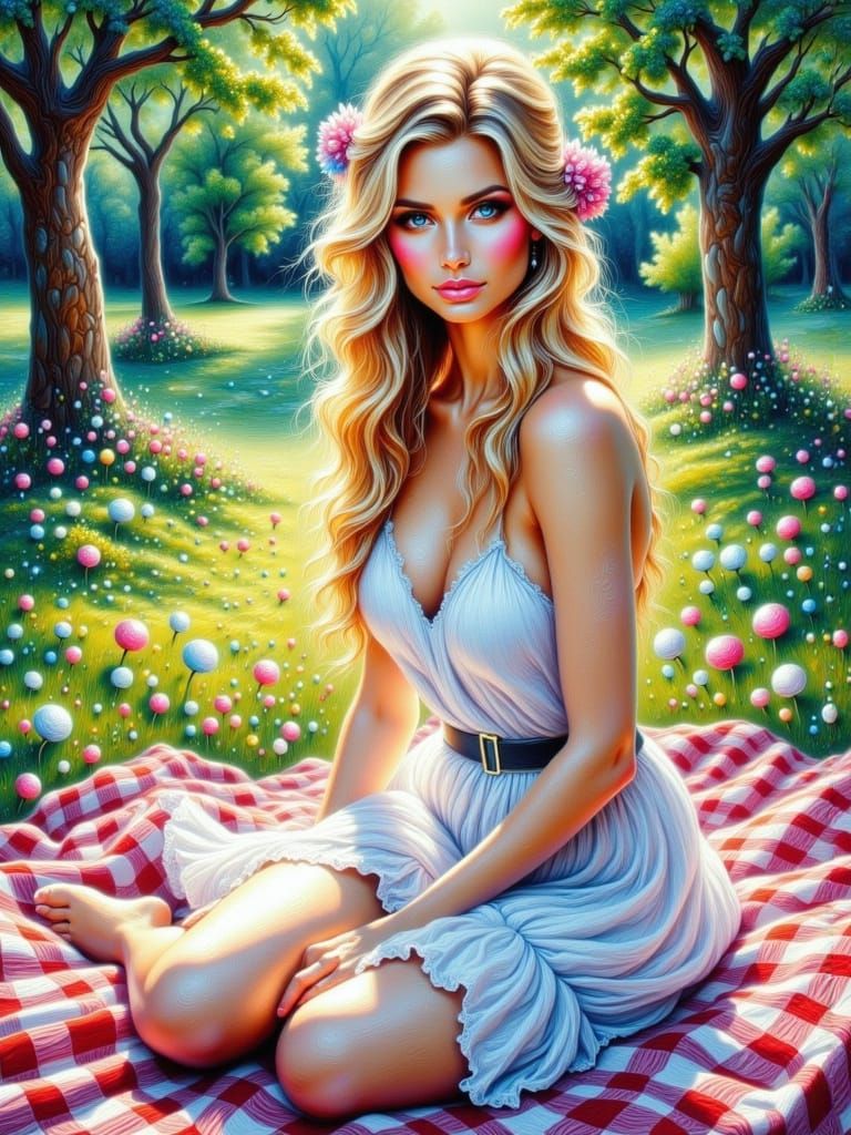 Woman's Picnic in City Park as Acrylic Painting