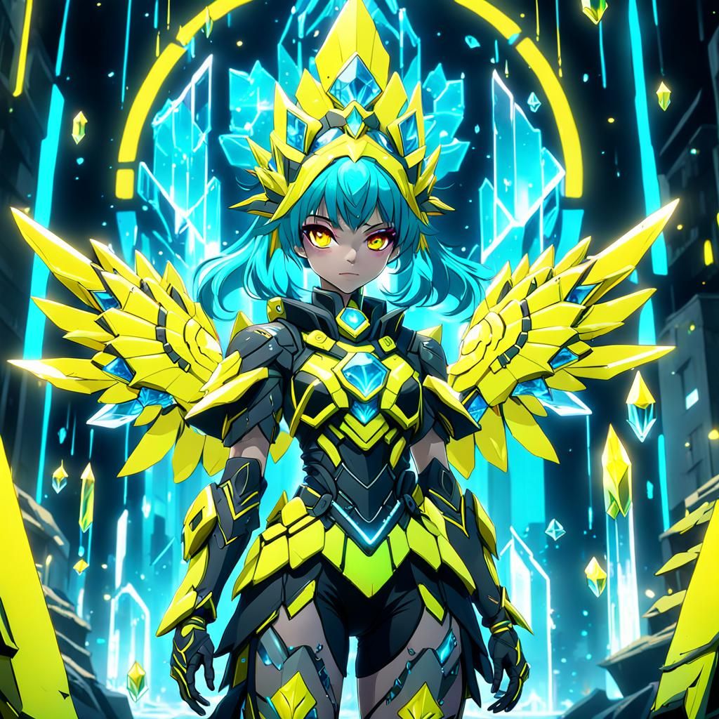 Glowing Anime Guardian Maiden in Neon Yellow Crystal