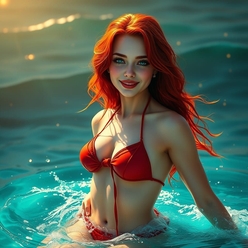 Captivating Red-Haired Woman Emerges from Turquoise Sea in V...
