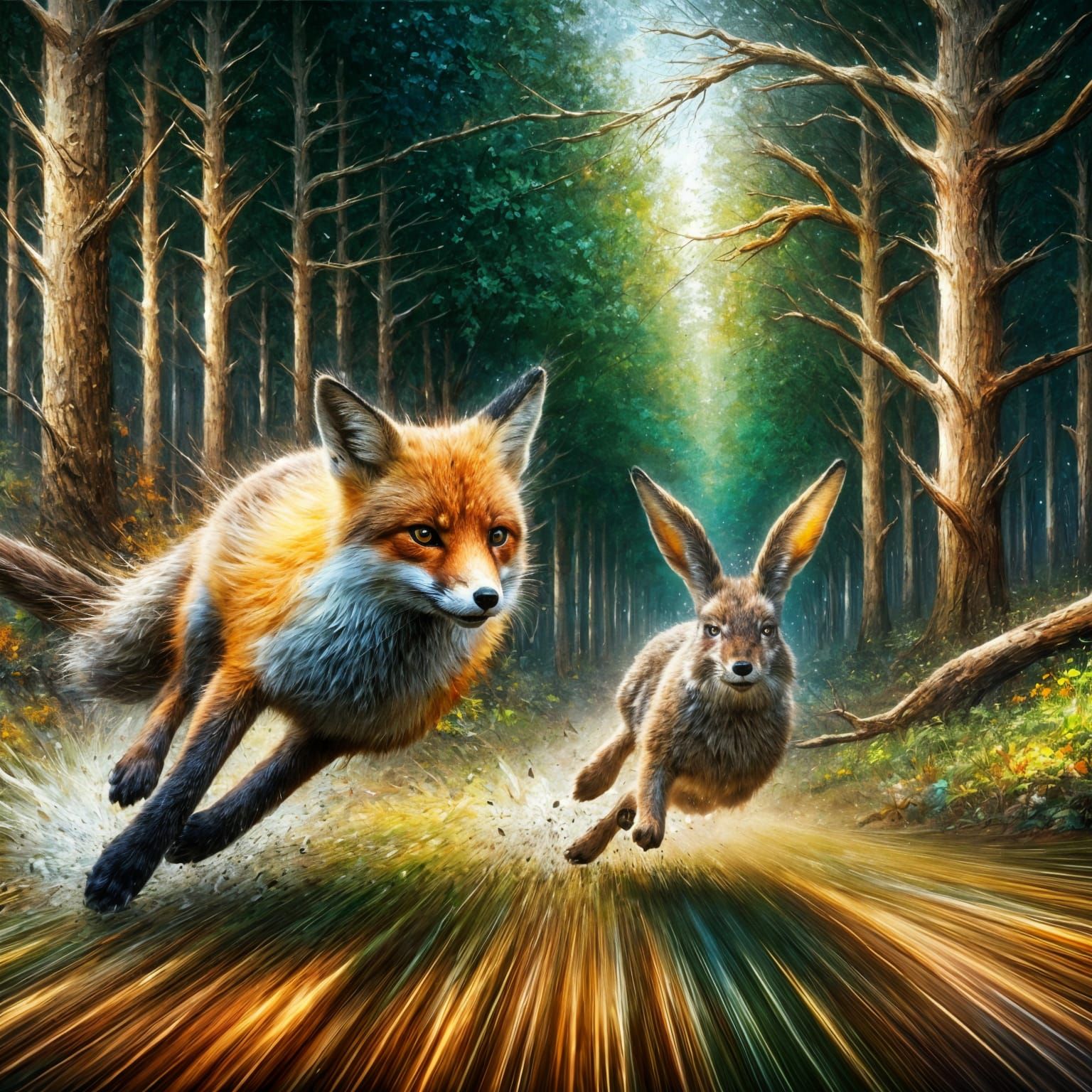 Regal Forest Chase in Maximalist 8k Watercolor