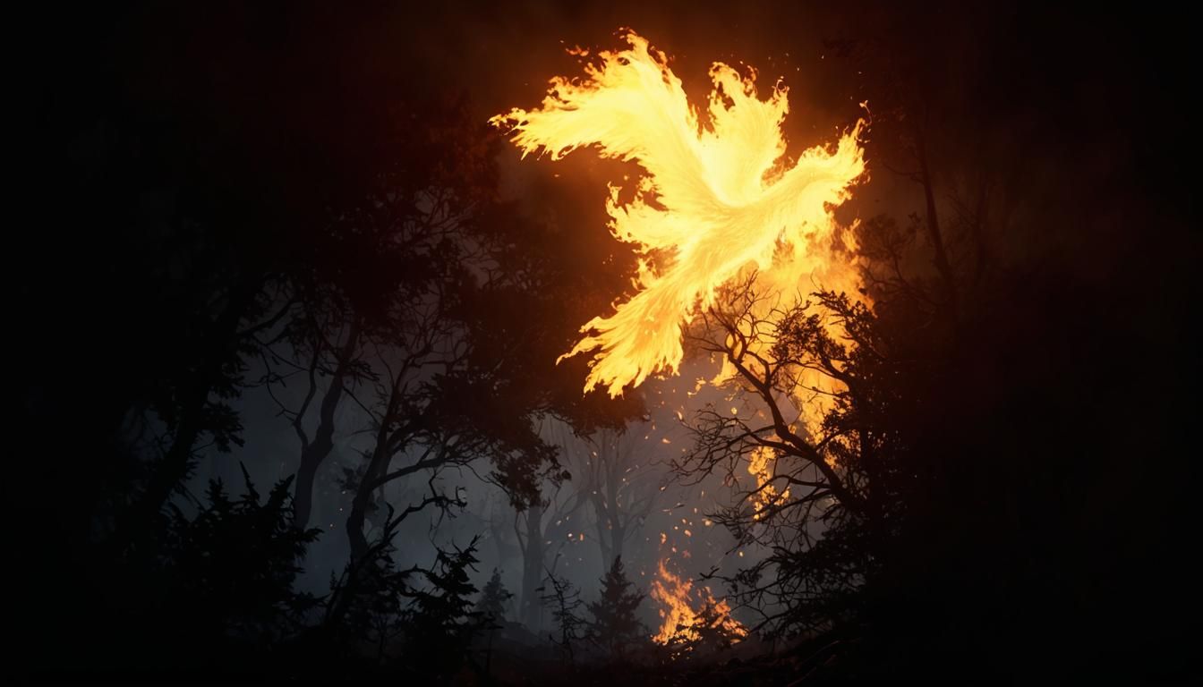 Golden Phoenix Rises in Flame-Enshrouded Forest