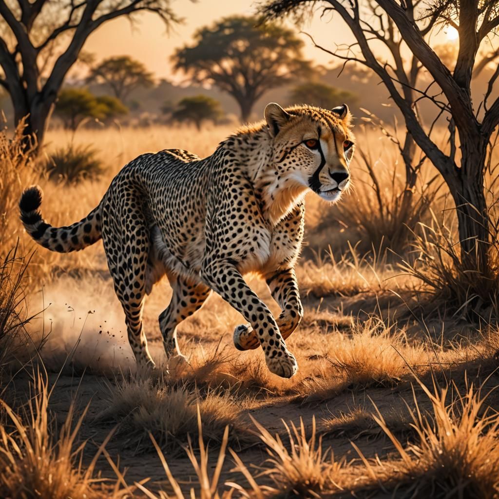 Majestic Cheetah Runs in Warm African Sunset