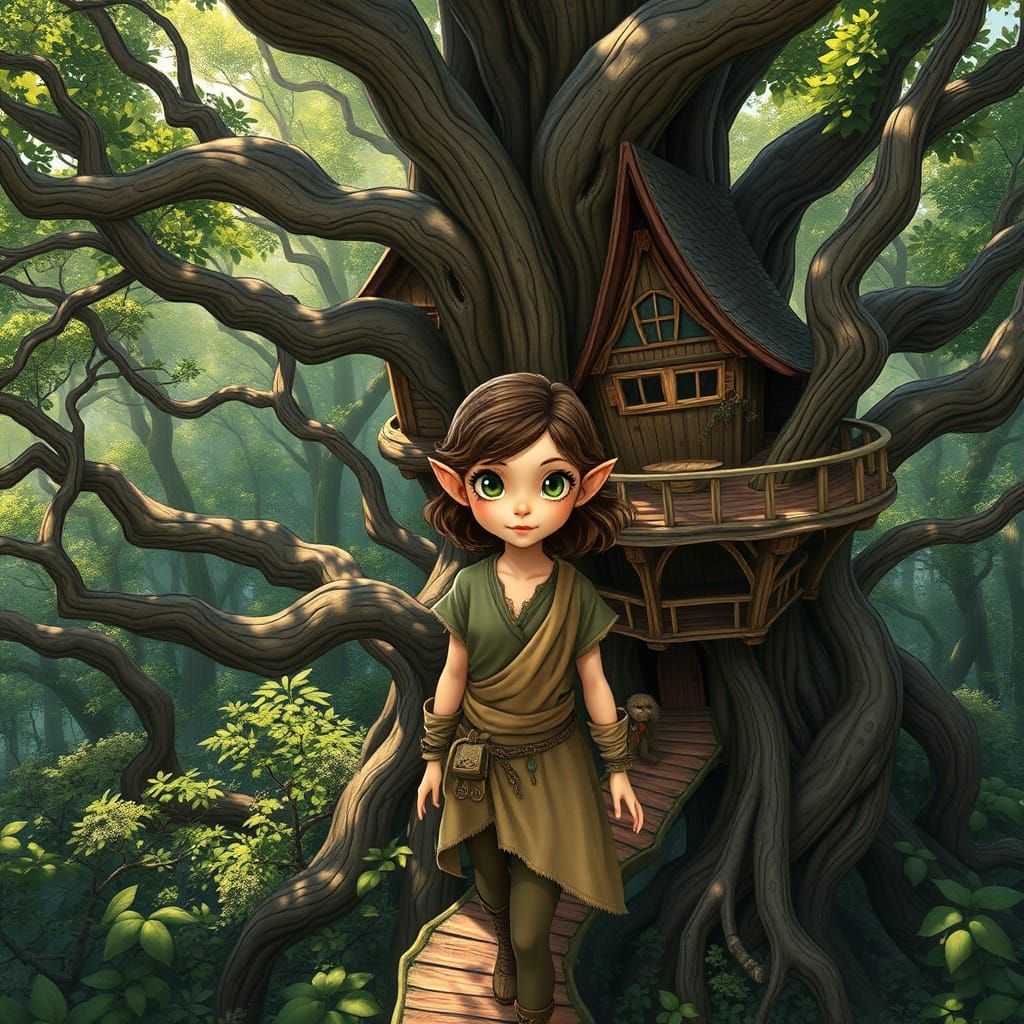 Whimsical Elf Girl in a Majestic Treehouse