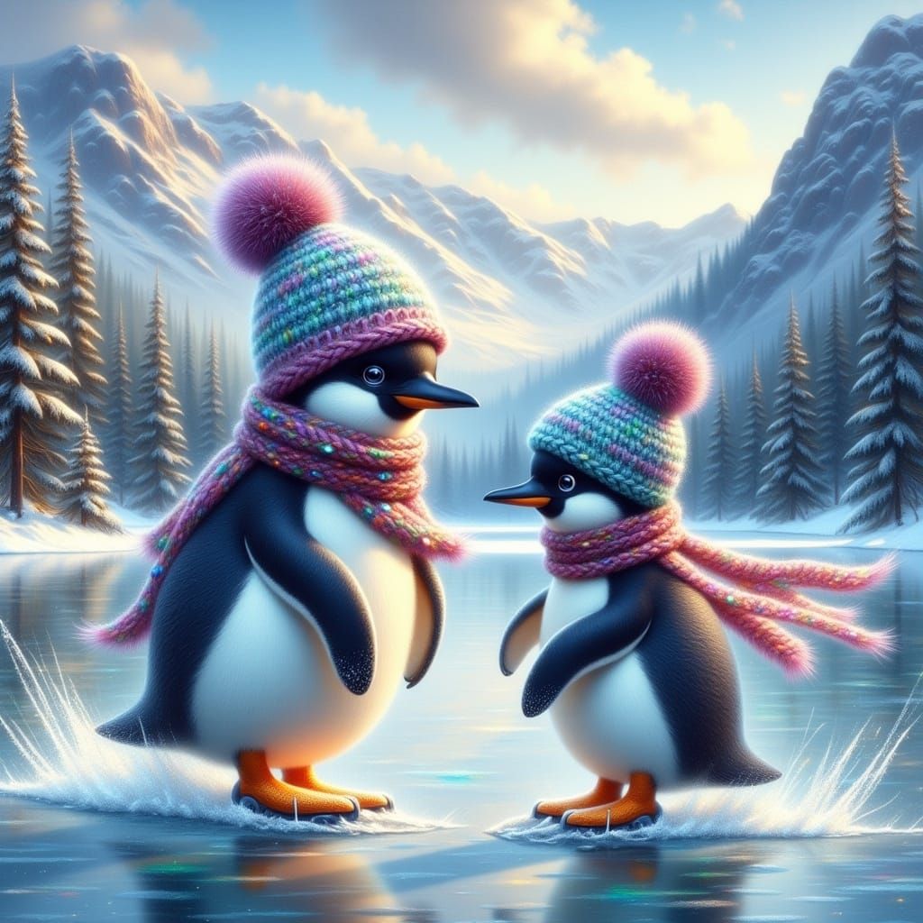 Penguins on Ice in a Winter Wonderland Scene