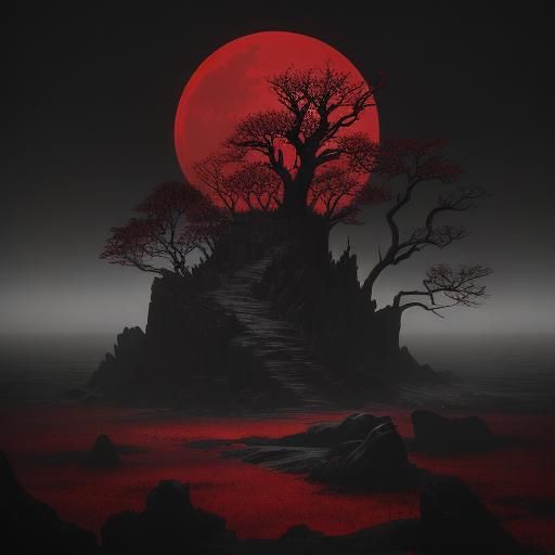 Surreal Dark Fantasy Landscape Under a Crimson Moon