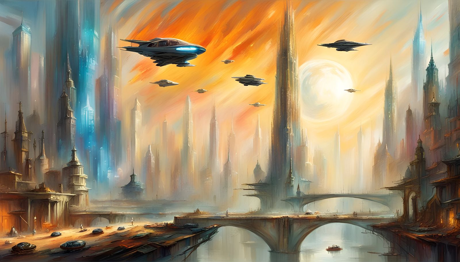 A Futuristic Metropolis in Vibrant Oil Paints