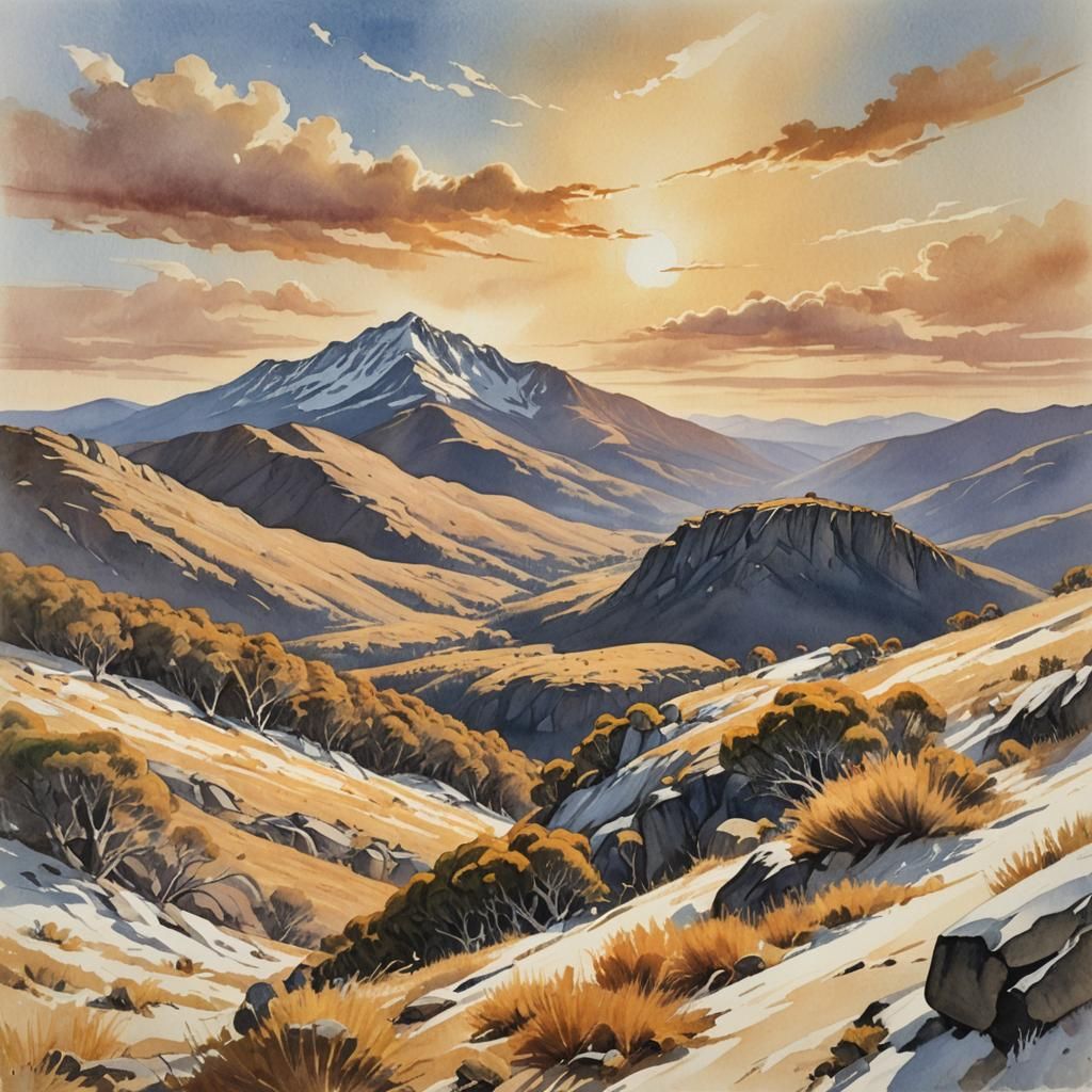 Majestic 19th Century Gouache Landscape of Mount Kosciuszko