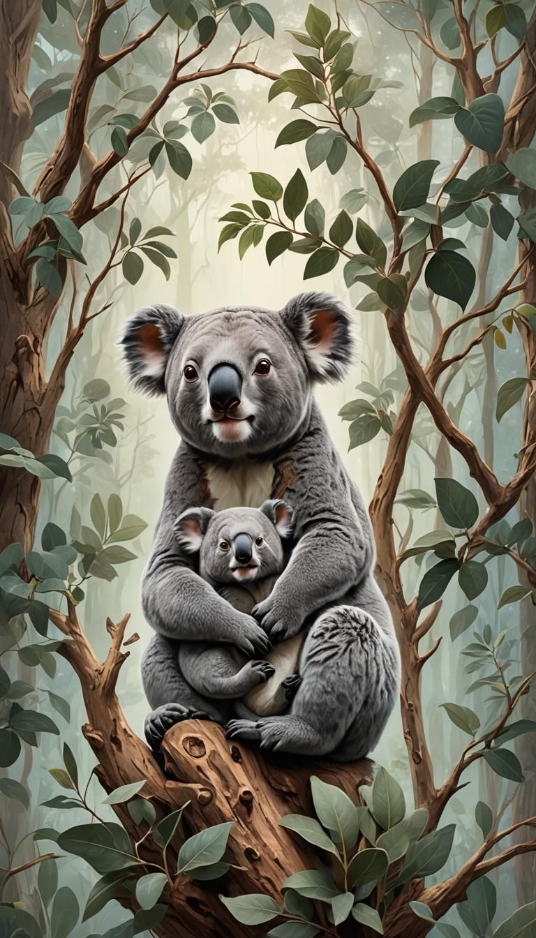 Cuddly Koala Mother and Child in Enchanted Eucalyptus Forest