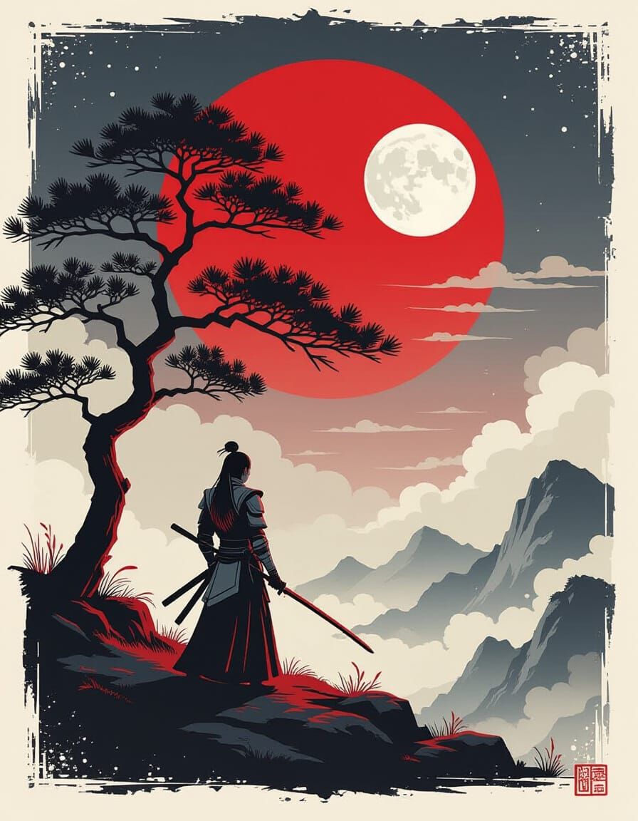 Cinematic Asian Warrior Under Moonlit Trees