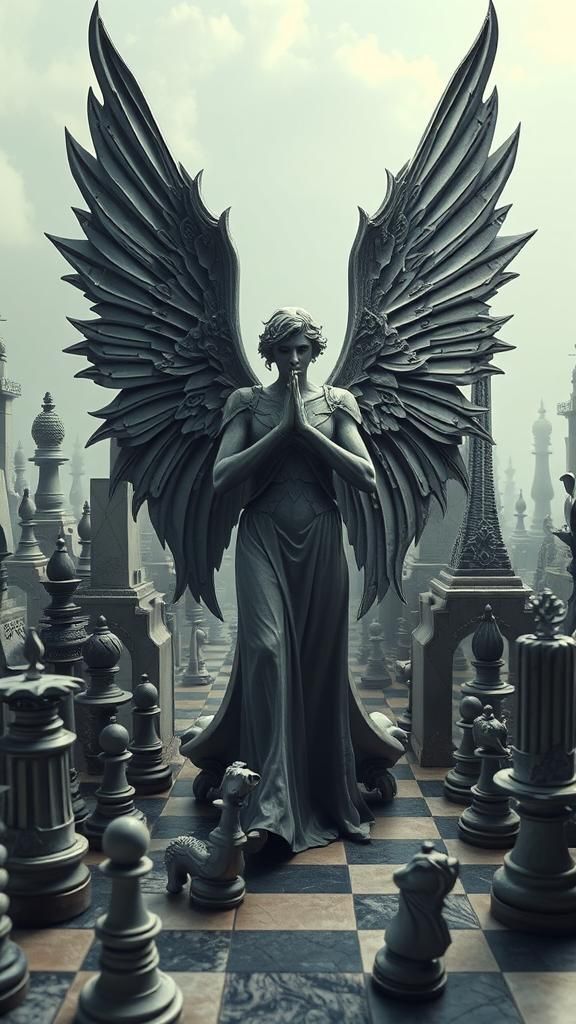 Surreal Ash Gray Angel Amidst MC Escher-Inspired Labyrinth