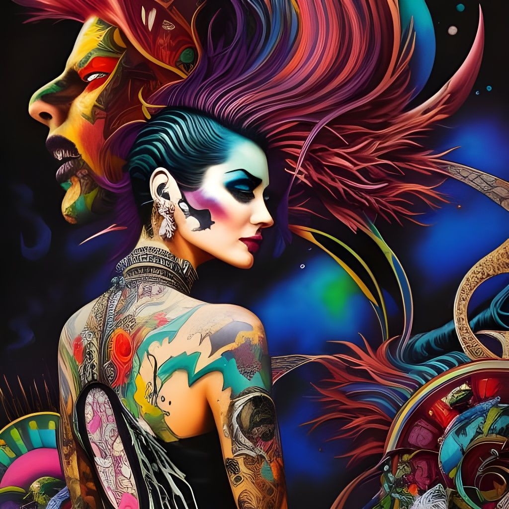Punk Tattoo Woman in Oil Splash Art
