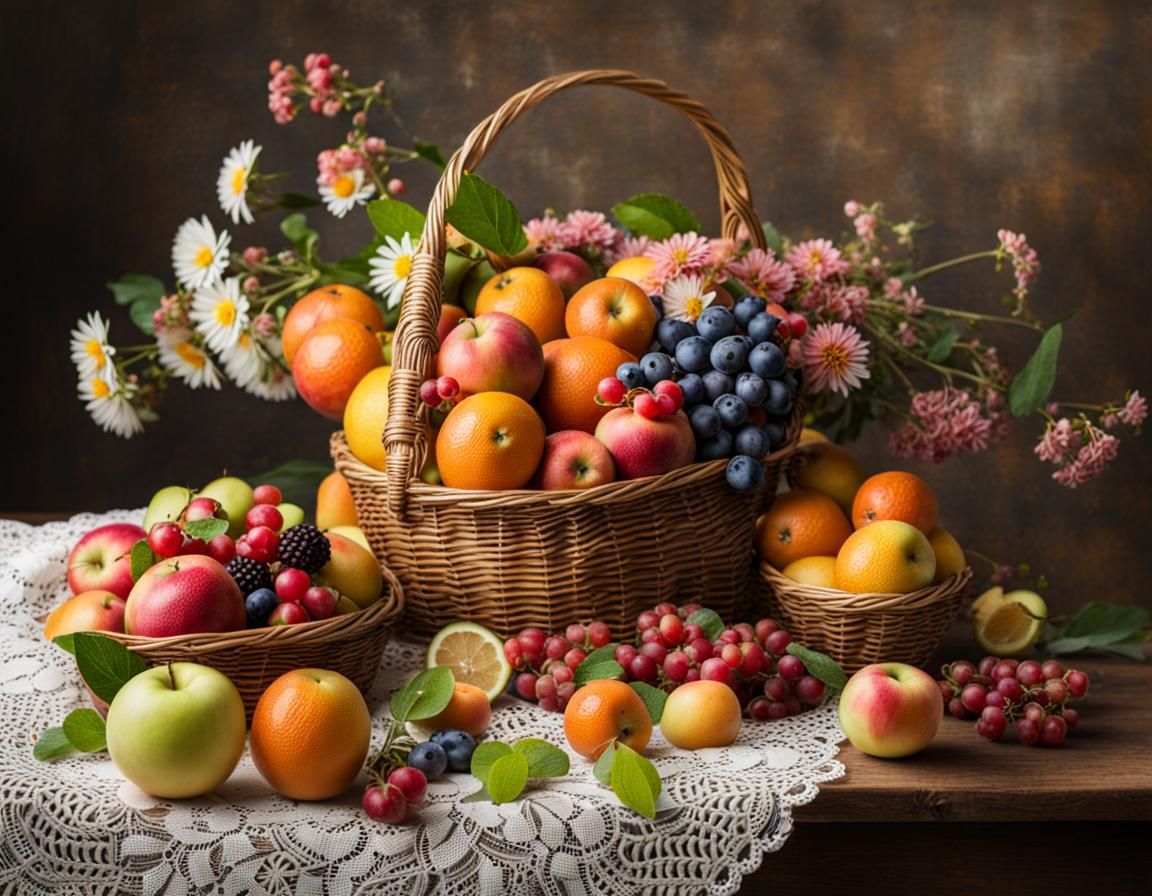 Fruits and Flowers in a Vintage Wicker Basket Still Life