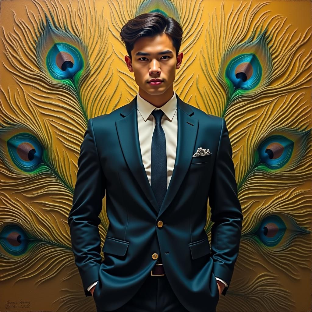 Elegant Asian Male in Classic Suit with Peacock Backdrop