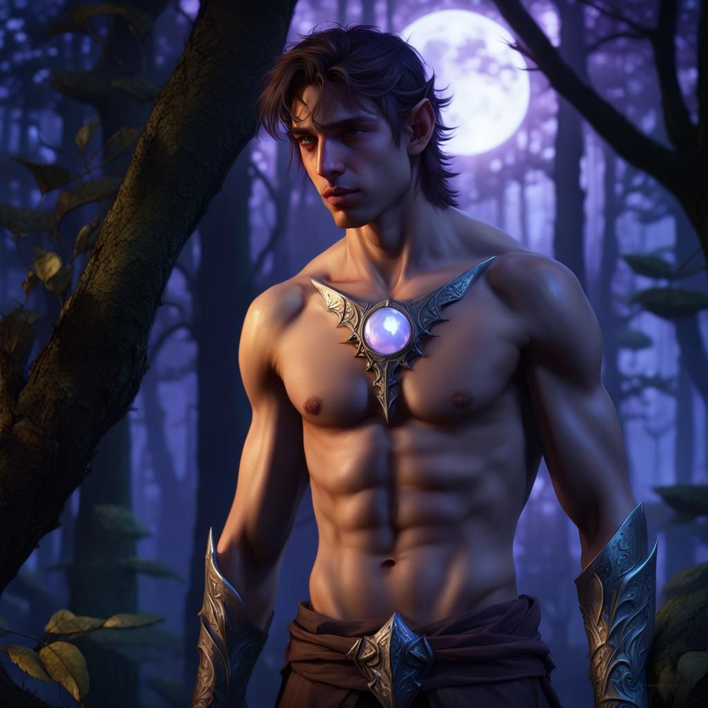 Ethereal Youthful Elf in Dark Fantasy Moonlit Forest