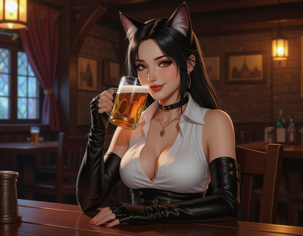 Cat Kitsune in Tavern, Matte Painting Style