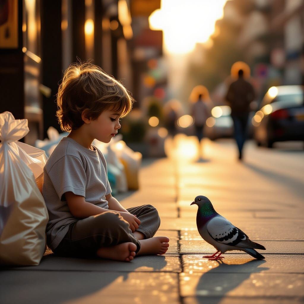 Boy and Pigeon at Sunset in Painterly Style