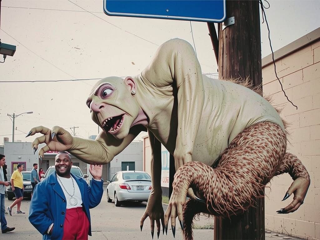 Grotesque Muppet Creature in Chaotic, Gritty Scene