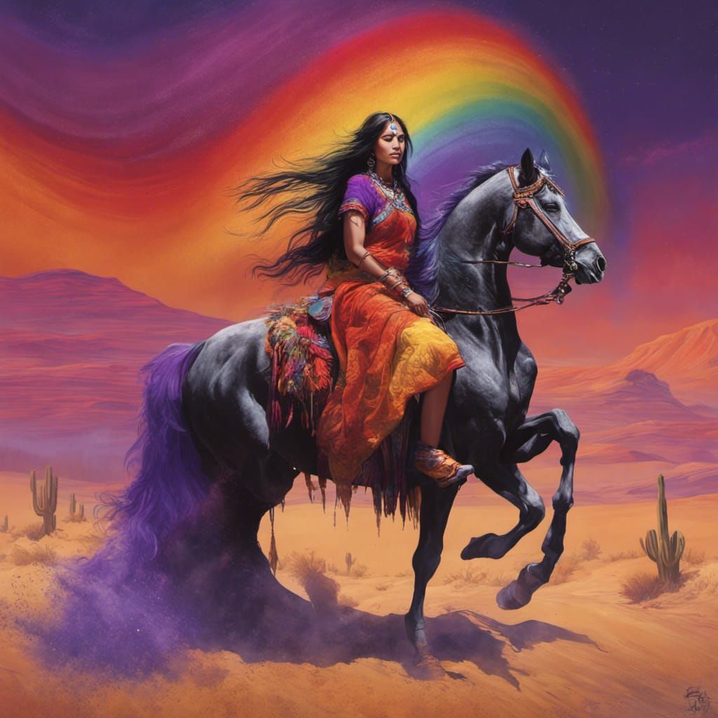 Red, Orange, Yellow, green, blue, purple, rainbow with a beautiful Indian Maiden on a black and purple horse, outside in...