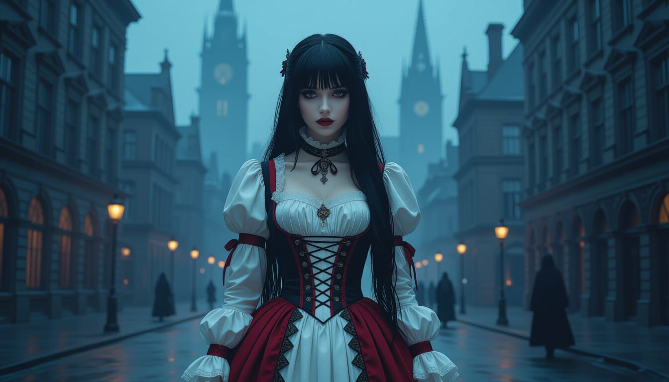 Gothic Woman on Rainy City Street