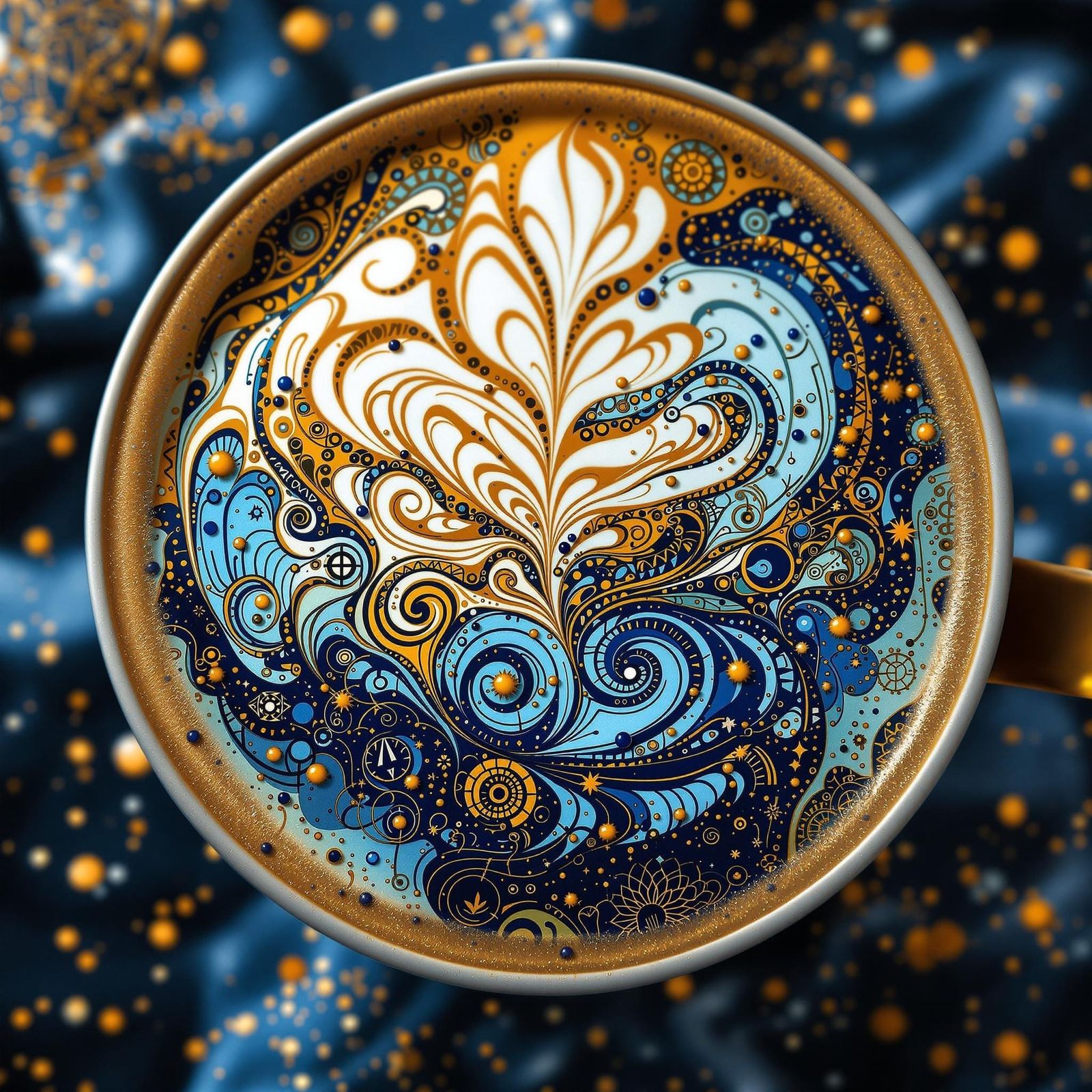 Velvety Latte with Whimsical Doodles in a Fantasy Realm