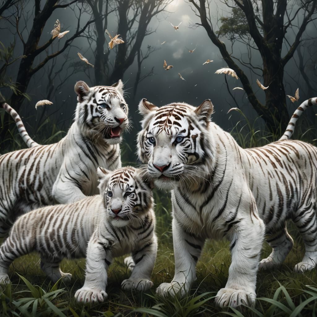 Stunning White Tiger Cubs in a Dark and Dramatic Forest Land...