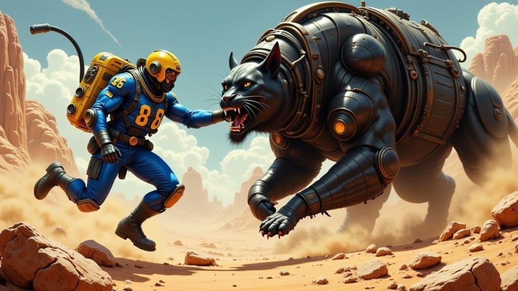 Vault Dweller vs Giant Cat in Retro-Futuristic Magazine