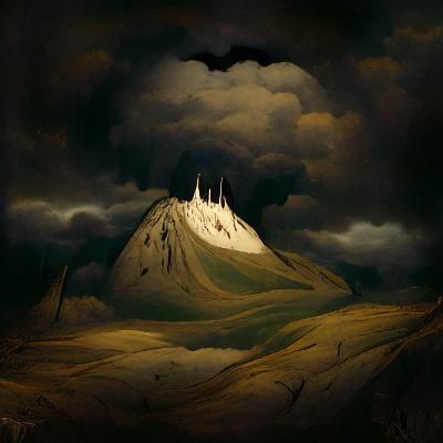 Ethereal Mountain Metropolis Under Stormy Skies in Impressio...