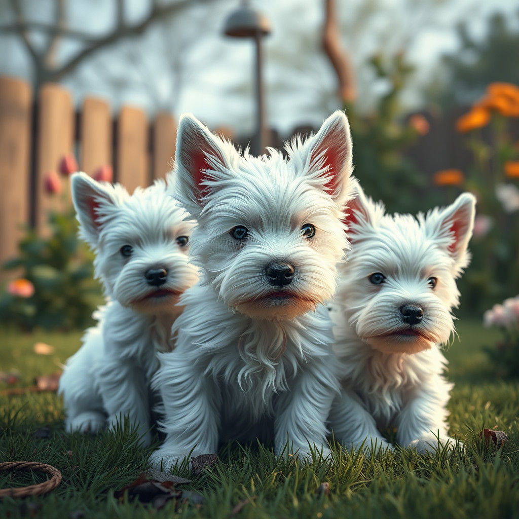 West Highland White Terrier Puppies in Whimsical Backyard Sc...