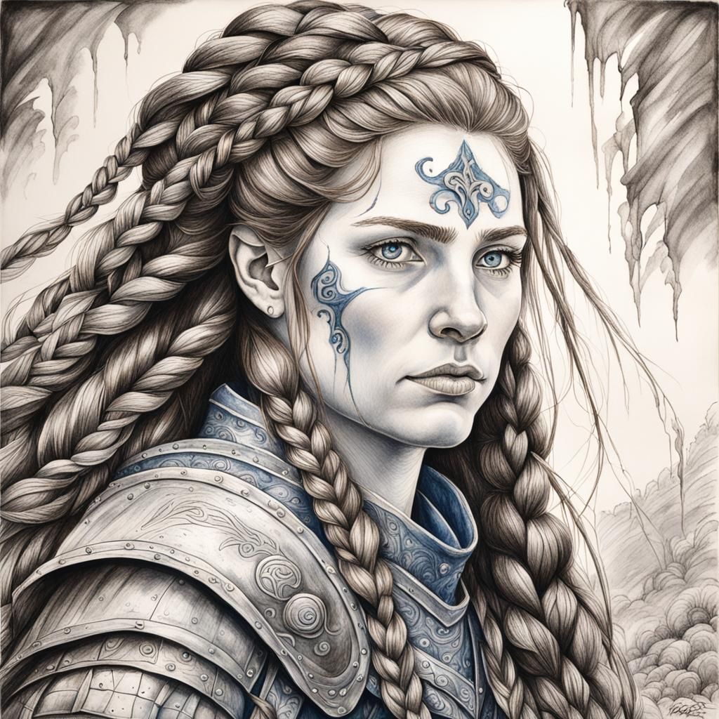 Woman in Worn Armor Characterized by Hyperdetailed Charcoal....